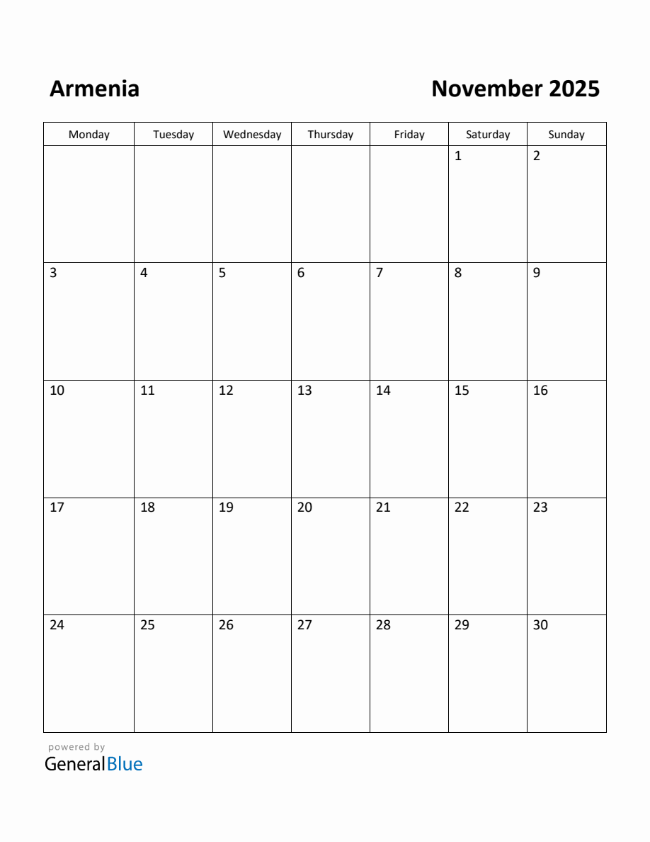 Free Printable November 2025 Calendar for Armenia