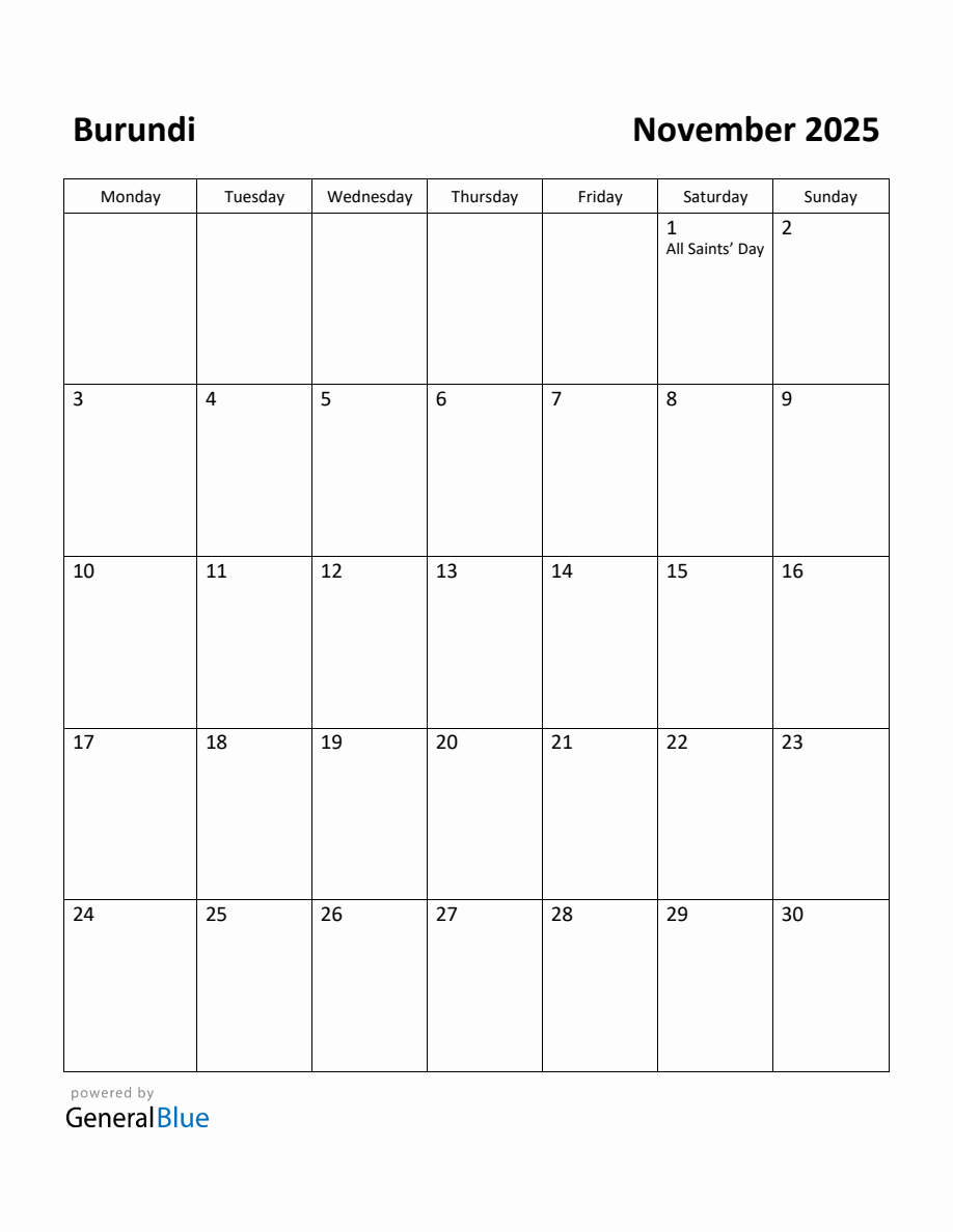 Free Printable November 2025 Calendar for Burundi