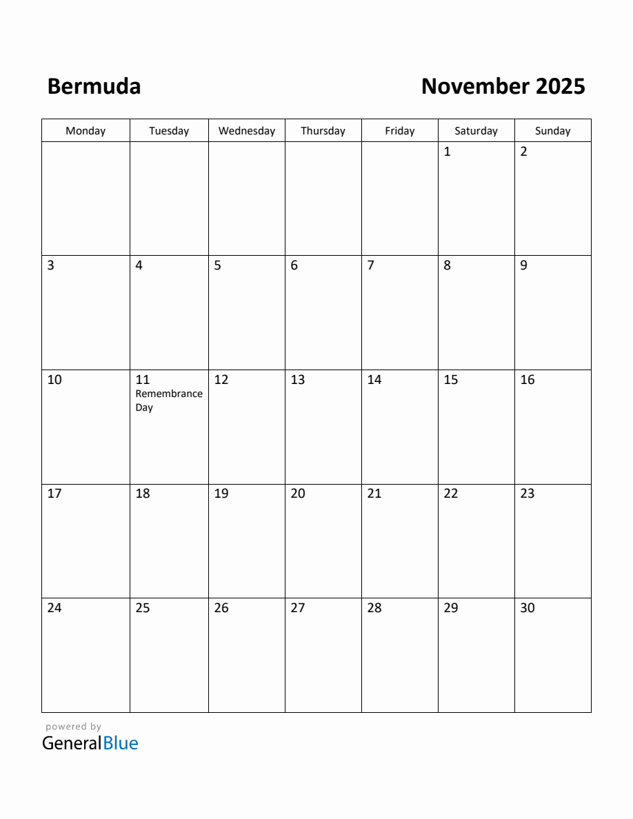 Free Printable November 2025 Calendar for Bermuda