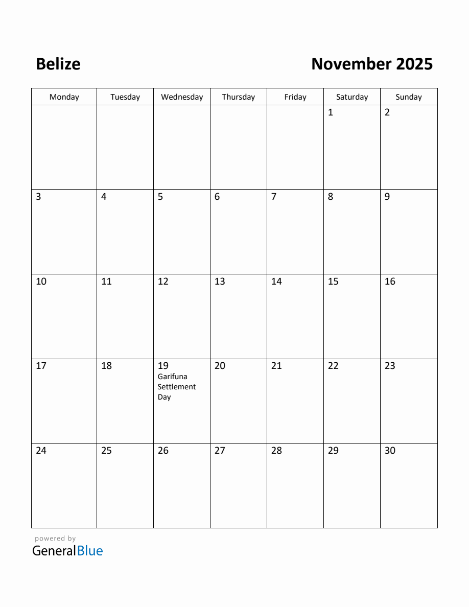 Free Printable November 2025 Calendar for Belize