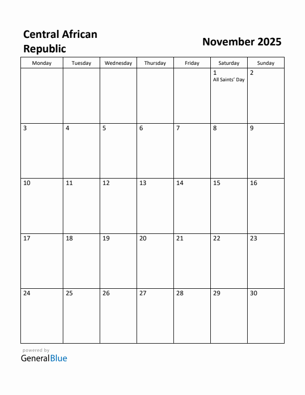 November 2025 Calendar with Central African Republic Holidays