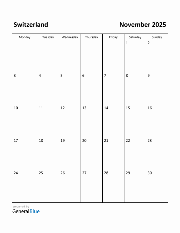 Free Printable November 2025 Calendar for Switzerland