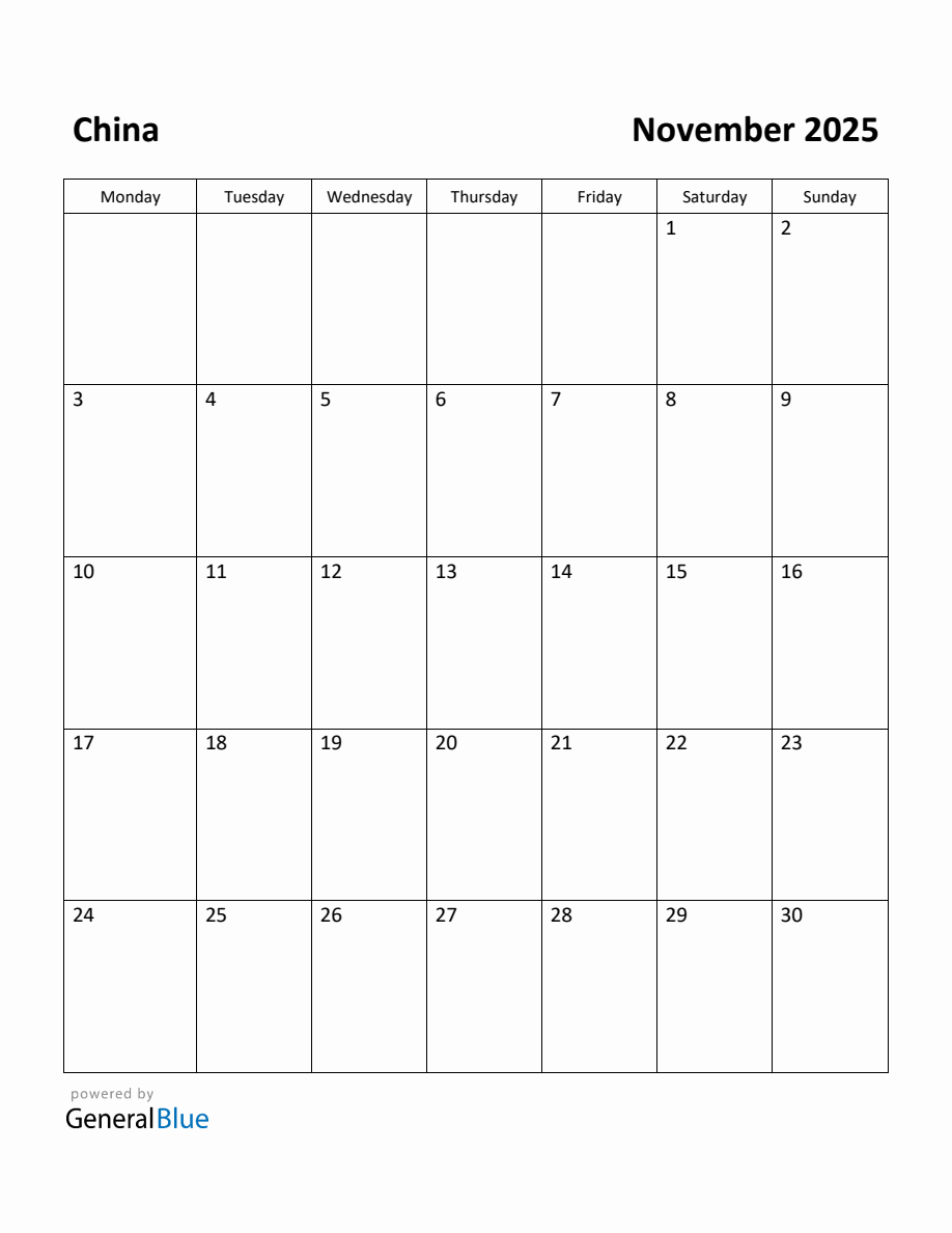 Free Printable November 2025 Calendar for China