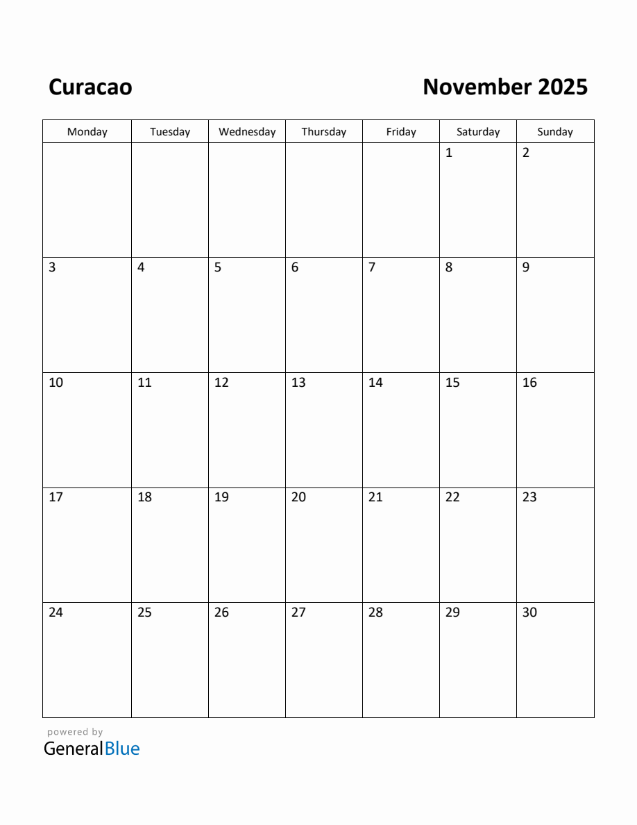 Free Printable November 2025 Calendar for Curacao