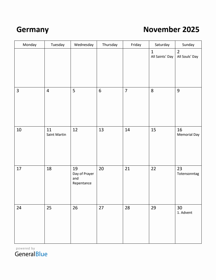 Free Printable November 2025 Calendar for Germany