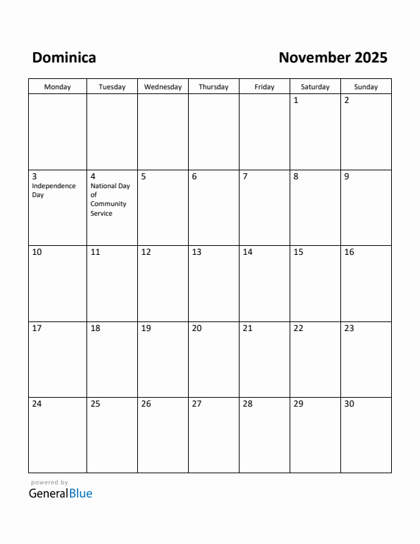 November 2025 Calendar with Dominica Holidays