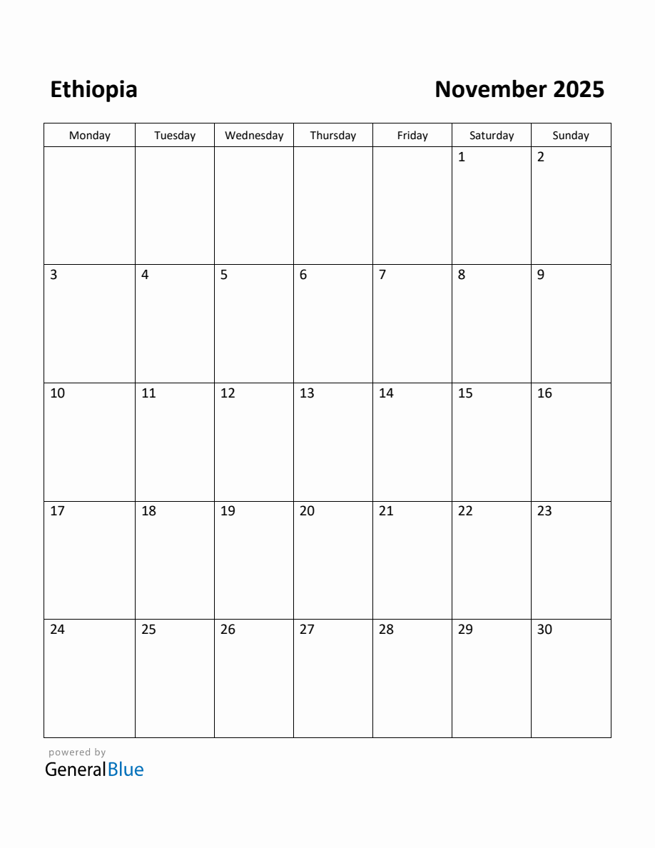 Free Printable November 2025 Calendar for Ethiopia