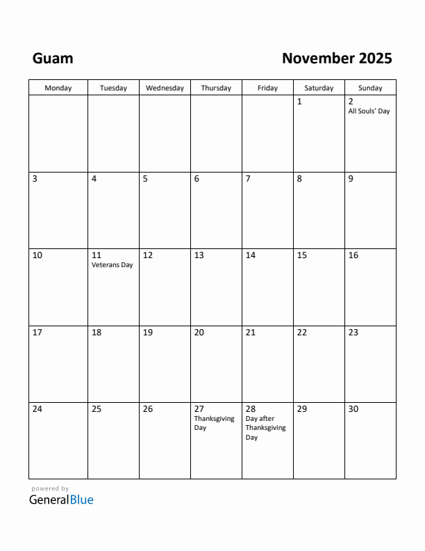 November 2025 Calendar with Guam Holidays