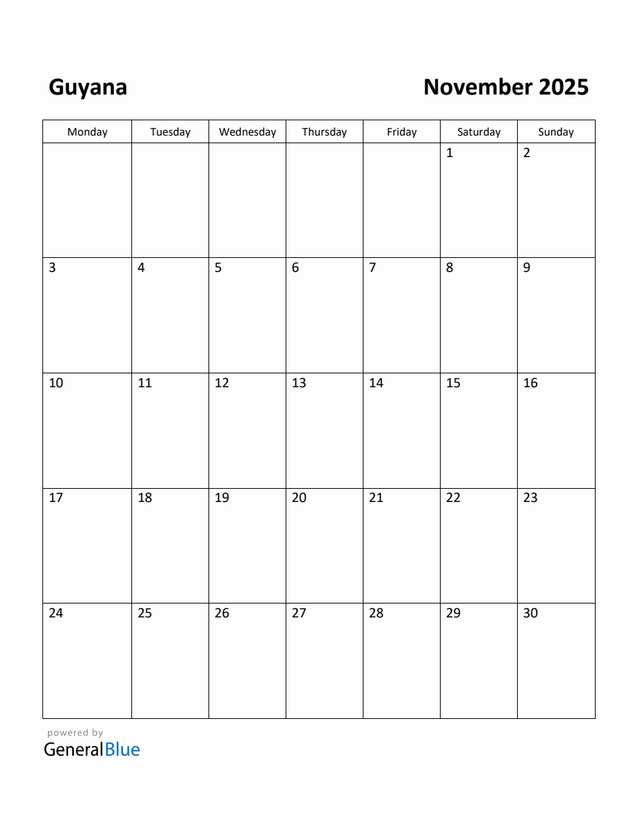 Free Printable November 2025 Calendar for Guyana