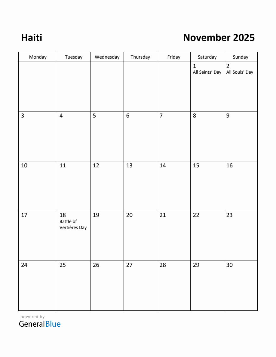 Free Printable November 2025 Calendar for Haiti