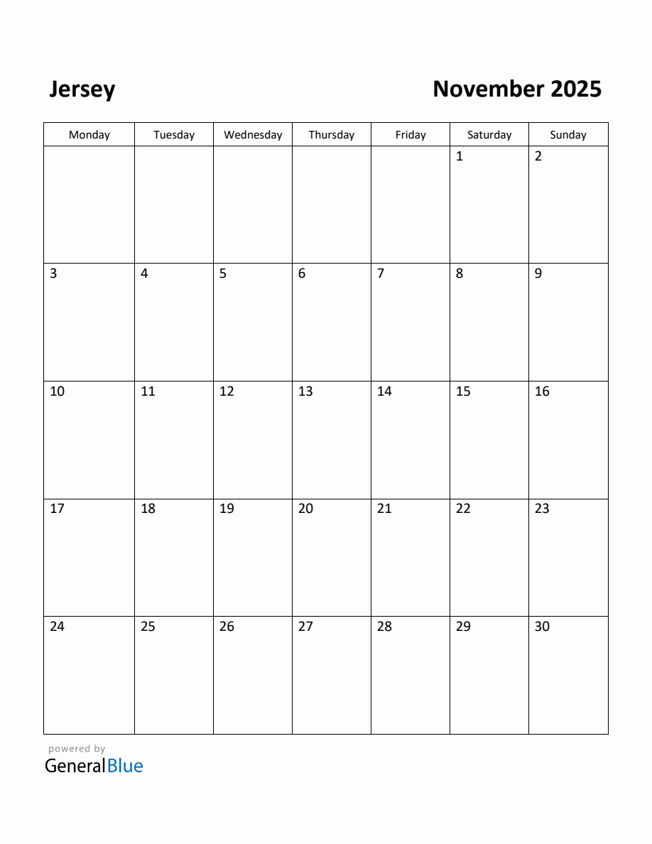 Free Printable November 2025 Calendar for Jersey