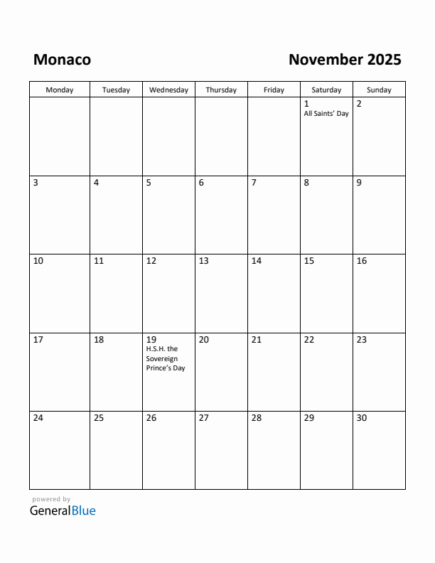 November 2025 Calendar with Monaco Holidays