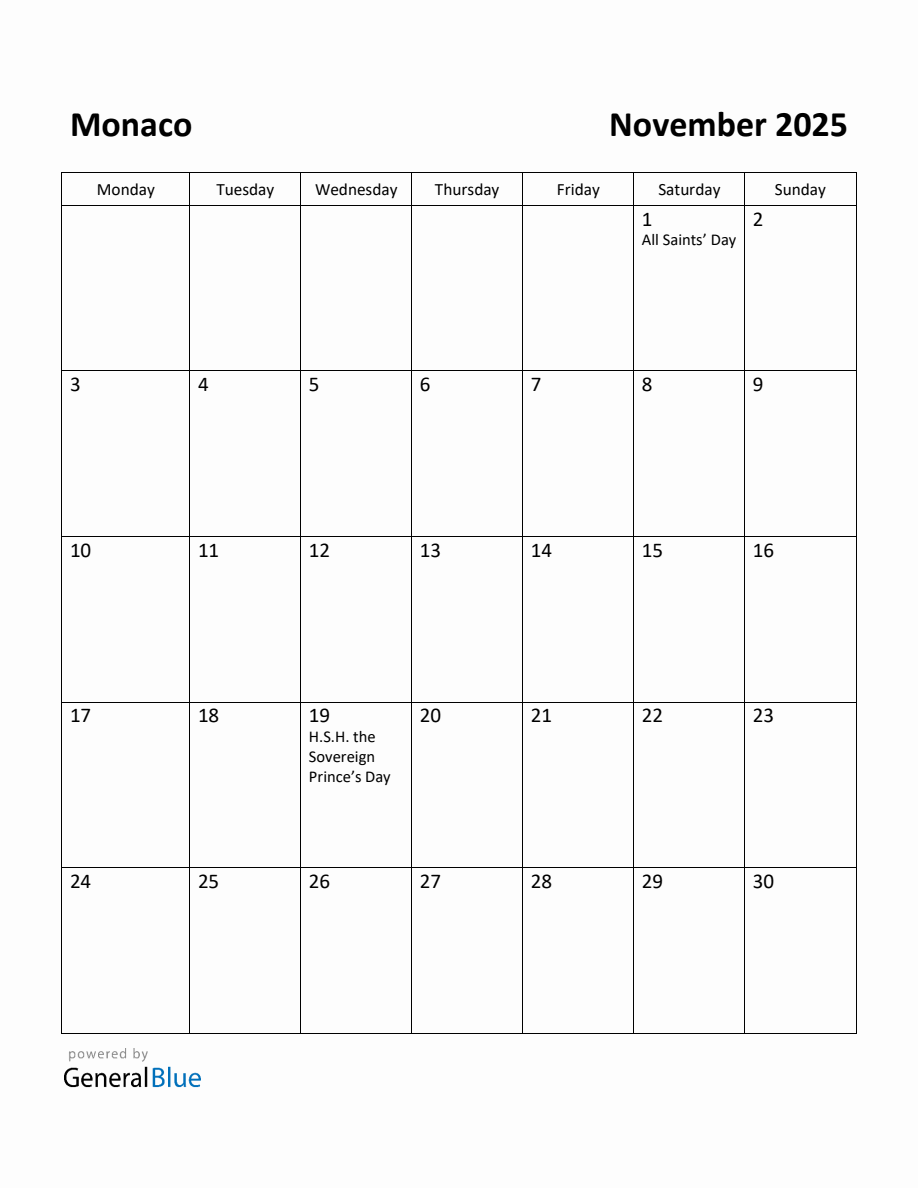 Free Printable November 2025 Calendar for Monaco