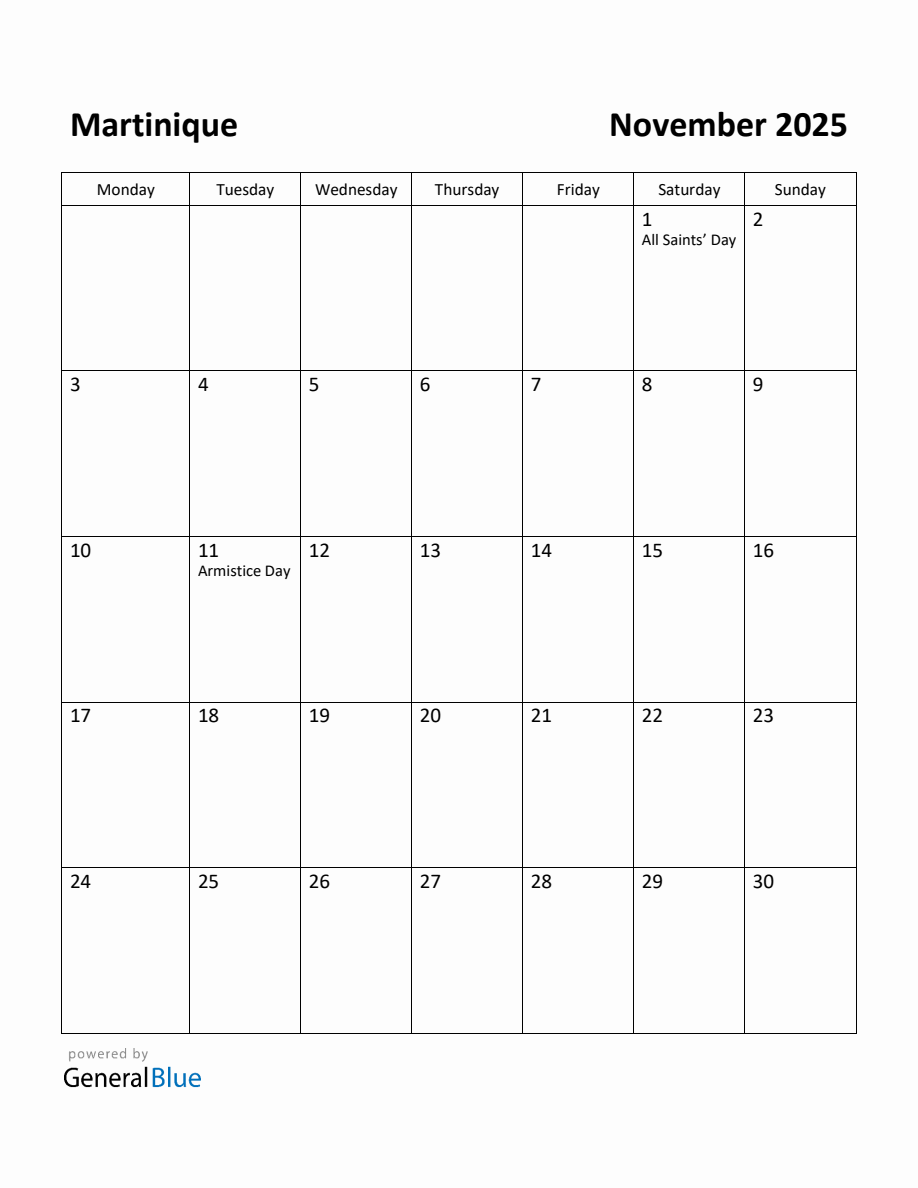 Free Printable November 2025 Calendar for Martinique