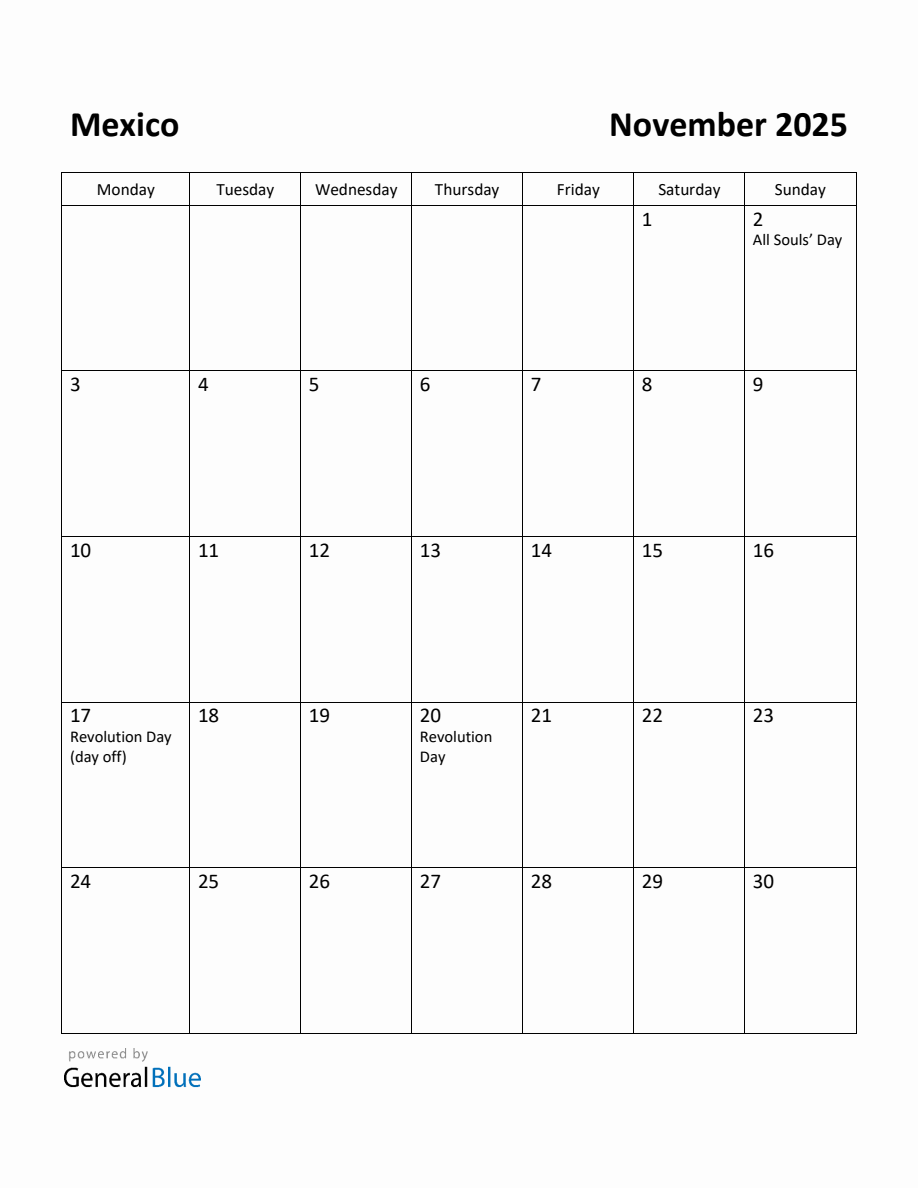 Free Printable November 2025 Calendar for Mexico