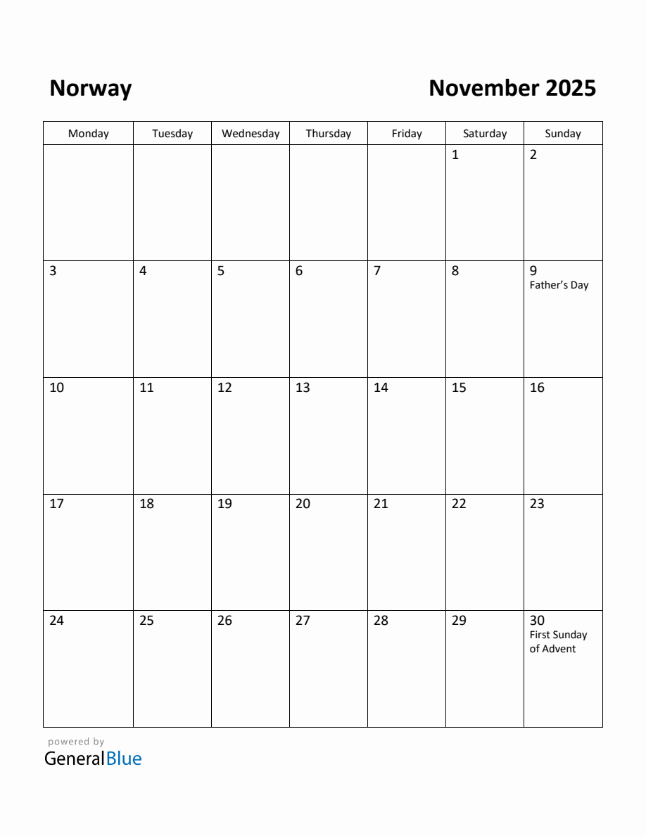 Free Printable November 2025 Calendar for Norway