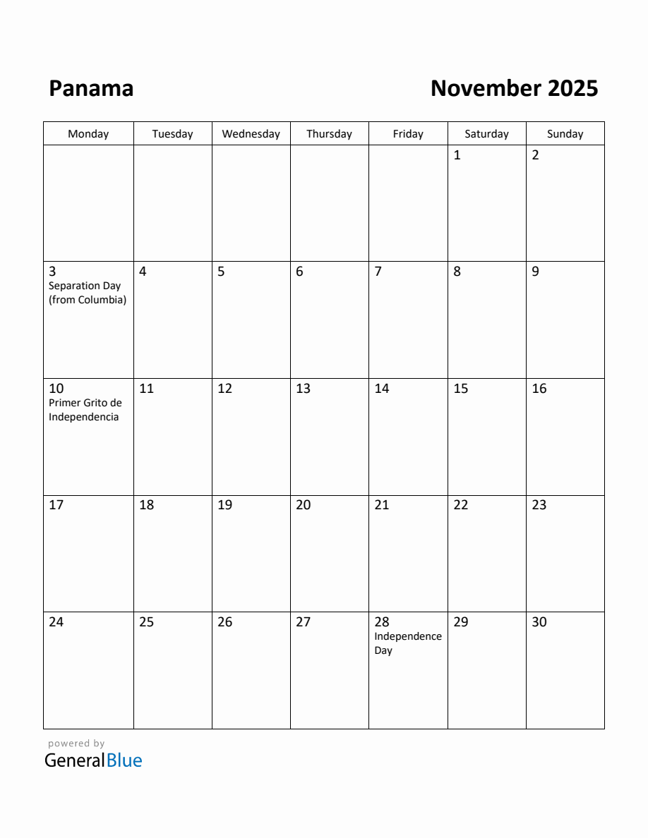 Free Printable November 2025 Calendar for Panama