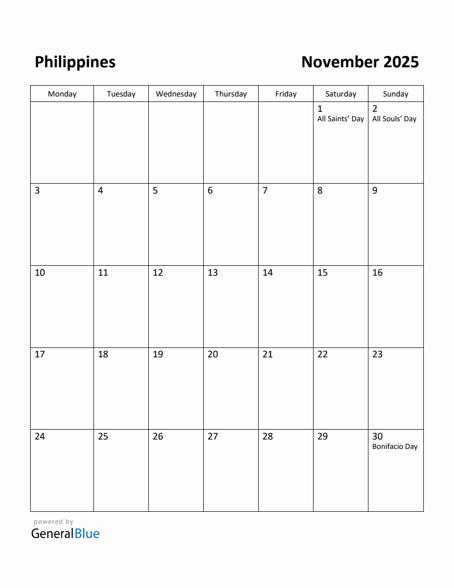 Free Printable November 2025 Calendar for Philippines