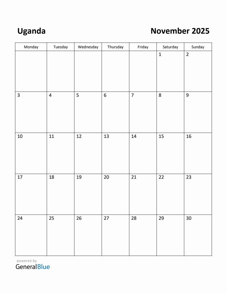 Free Printable November 2025 Calendar for Uganda