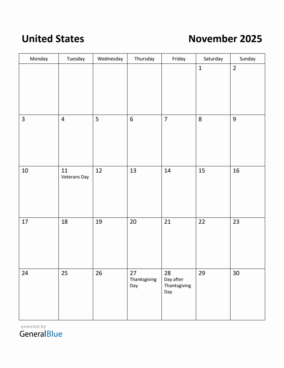 Free Printable November 2025 Calendar for United States