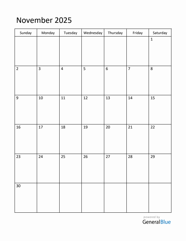 Sunday Start Calendar for November 2025