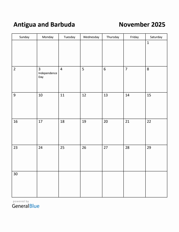 November 2025 Calendar with Antigua and Barbuda Holidays