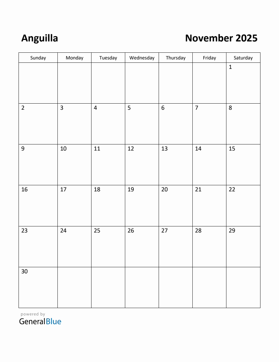 Free Printable November 2025 Calendar for Anguilla