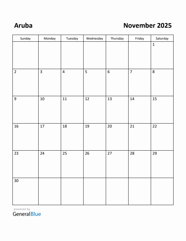 Free Printable November 2025 Calendar for Aruba