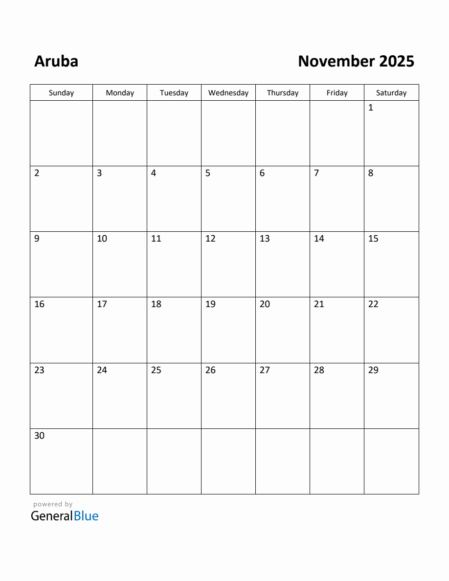 Free Printable November 2025 Calendar for Aruba