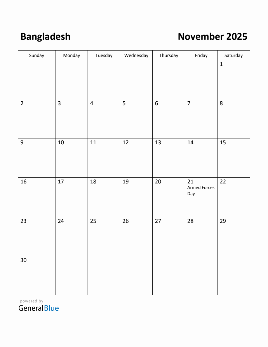 Free Printable November 2025 Calendar for Bangladesh