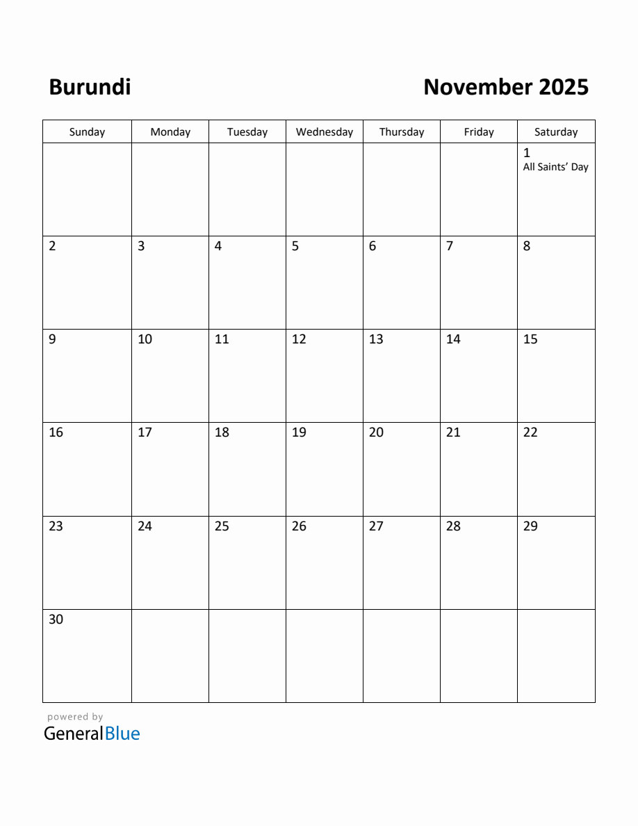 Free Printable November 2025 Calendar for Burundi