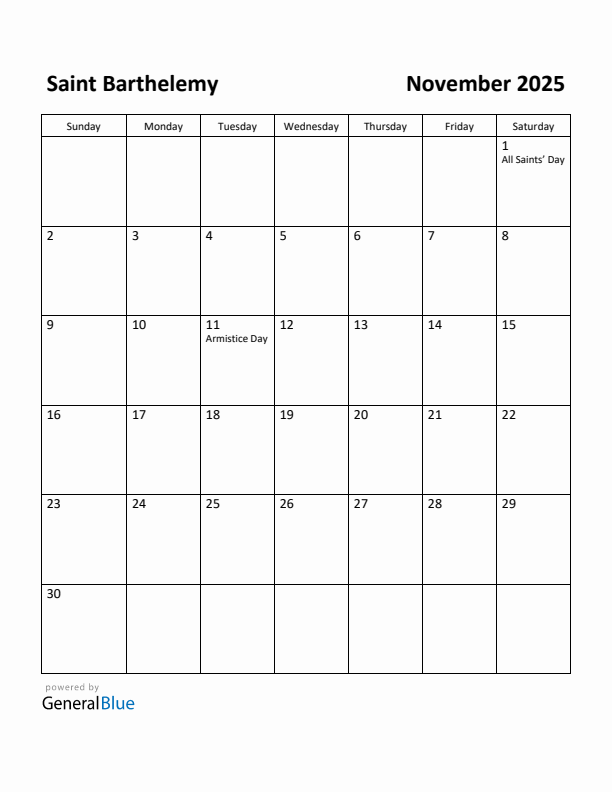 November 2025 Calendar with Saint Barthelemy Holidays