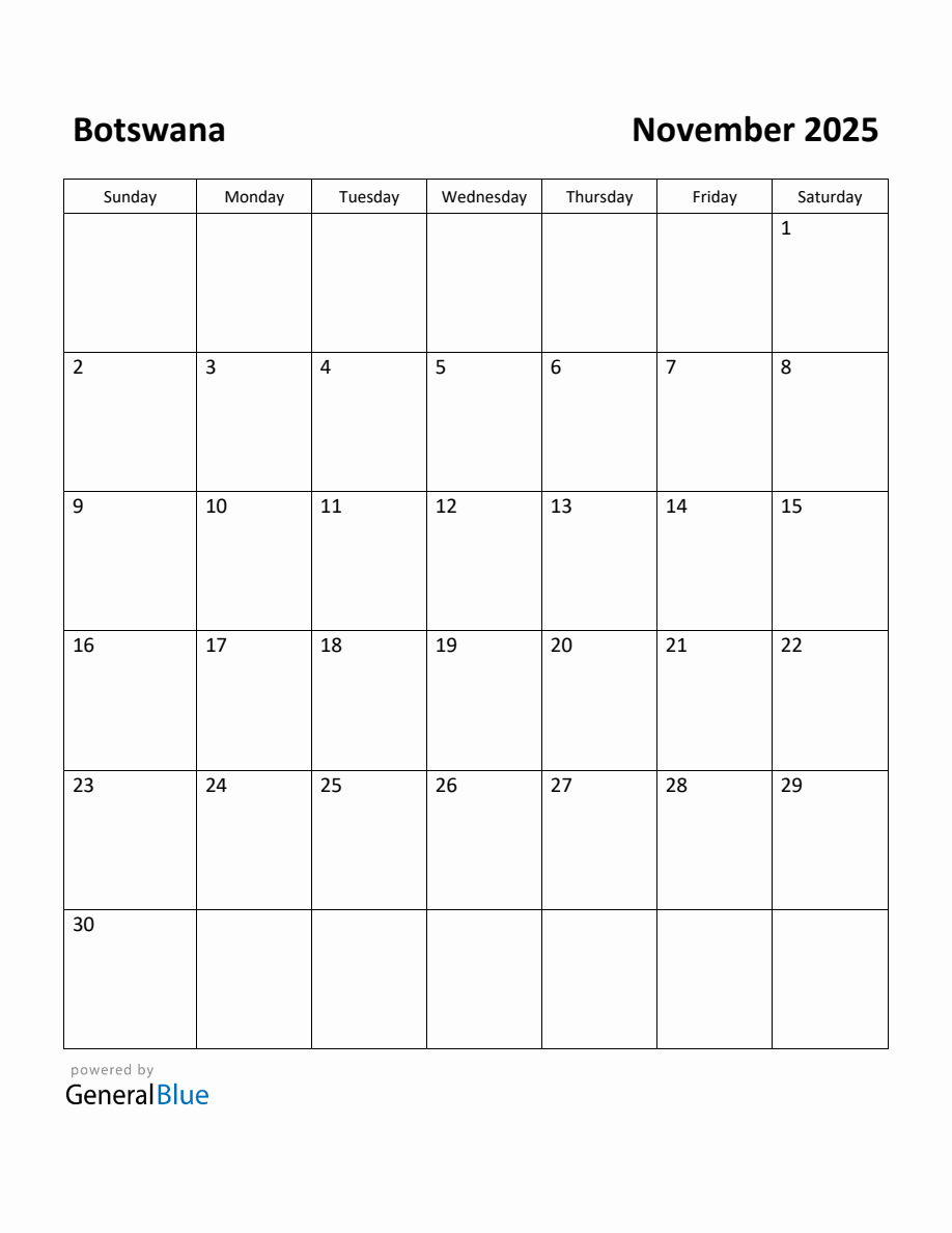 Free Printable November 2025 Calendar for Botswana