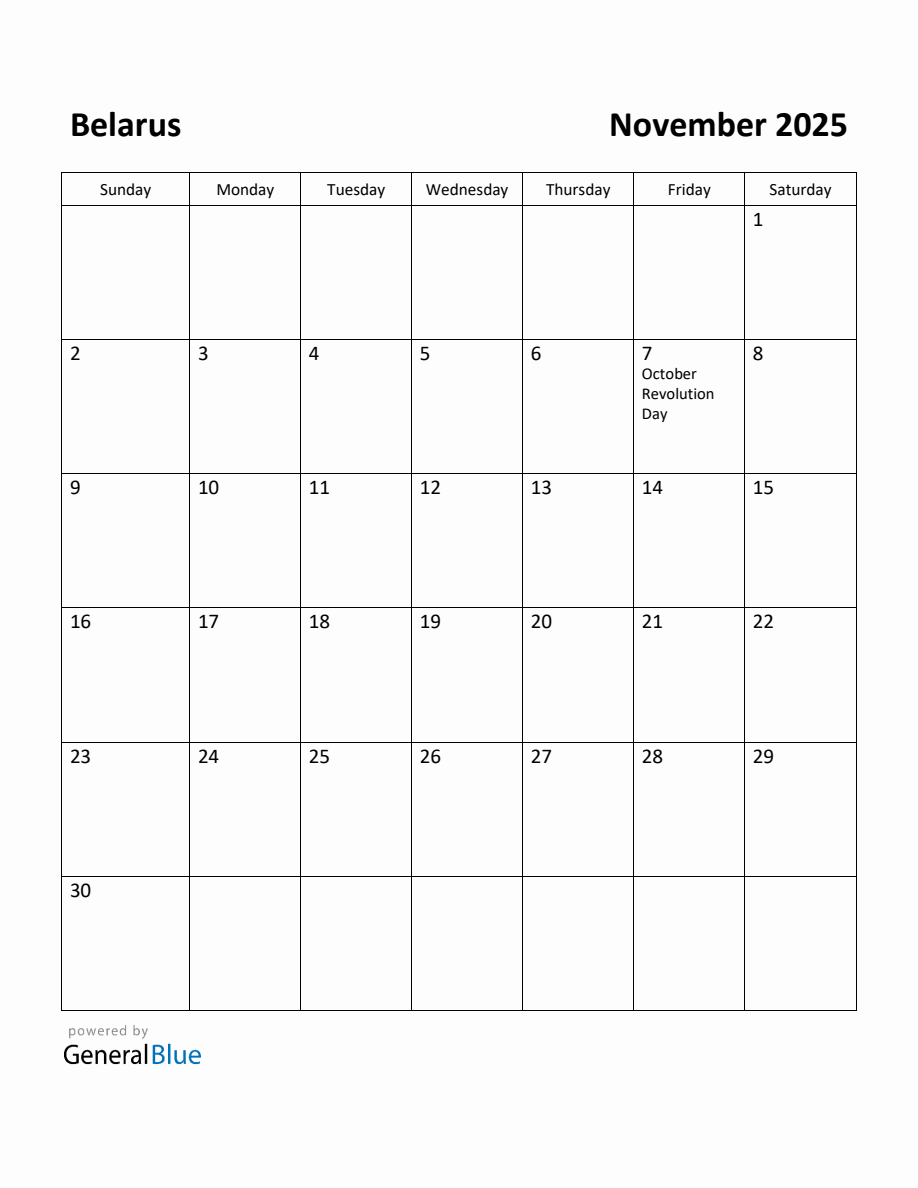 Free Printable November 2025 Calendar for Belarus