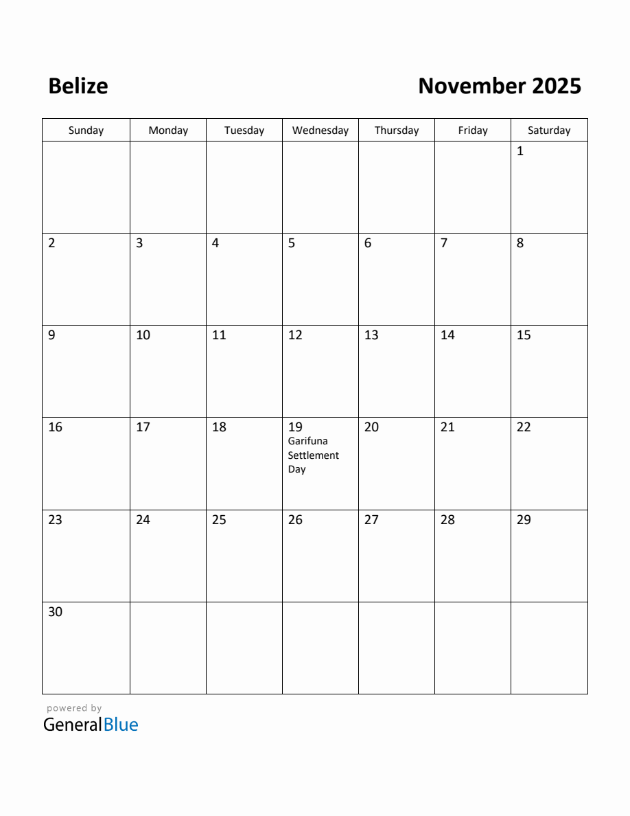 Free Printable November 2025 Calendar for Belize