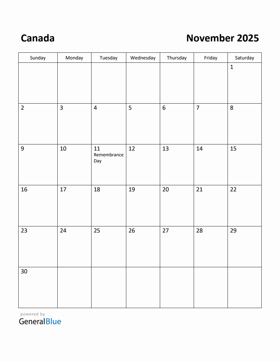 Free Printable November 2025 Calendar for Canada