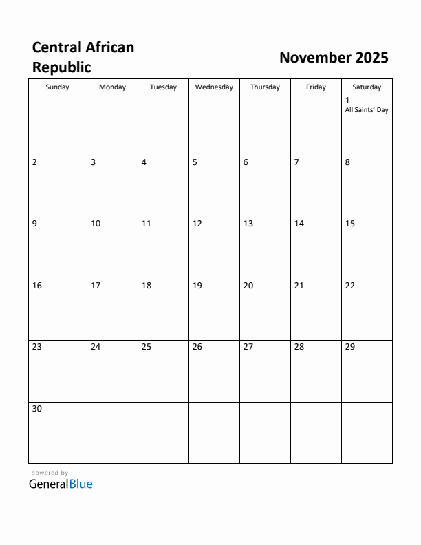 November 2025 Calendar with Central African Republic Holidays