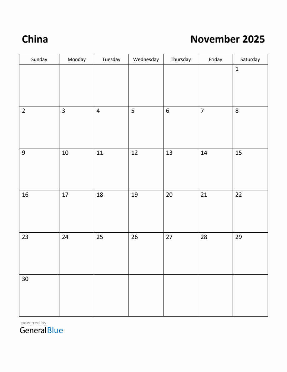 Free Printable November 2025 Calendar for China