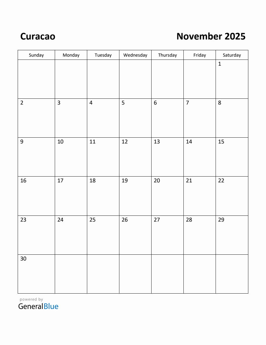 Free Printable November 2025 Calendar for Curacao