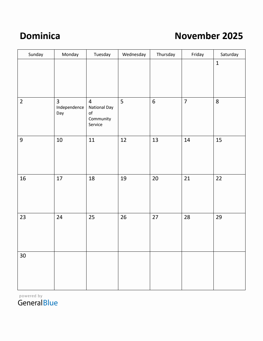 Free Printable November 2025 Calendar for Dominica