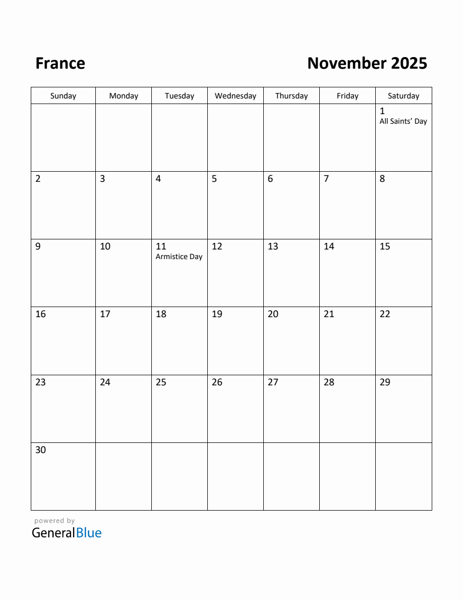 Free Printable November 2025 Calendar for France