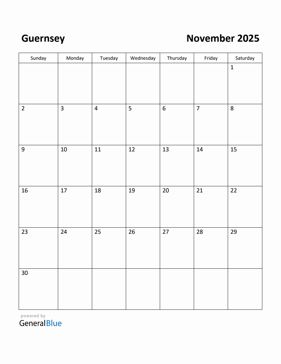 Free Printable November 2025 Calendar for Guernsey