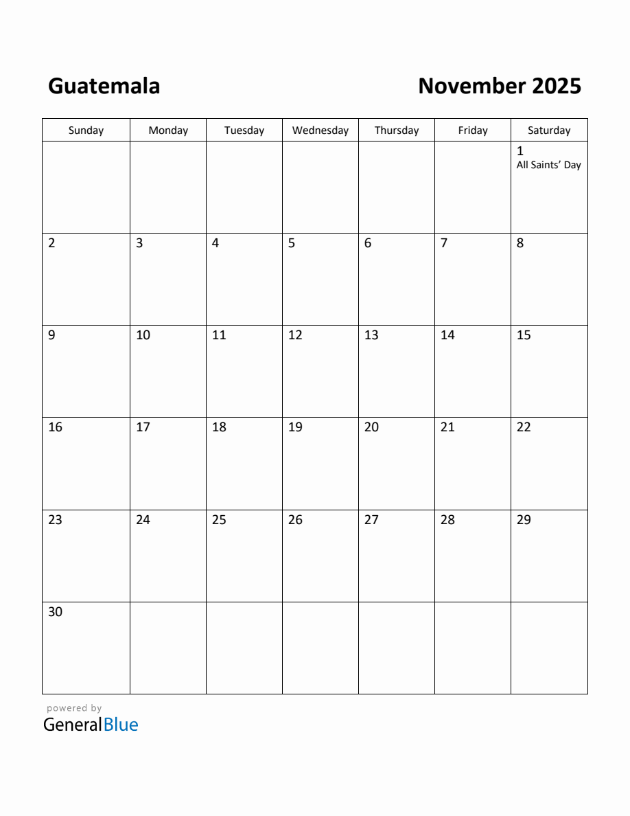 Free Printable November 2025 Calendar for Guatemala