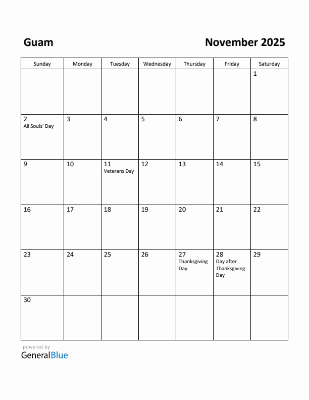 November 2025 Calendar with Guam Holidays