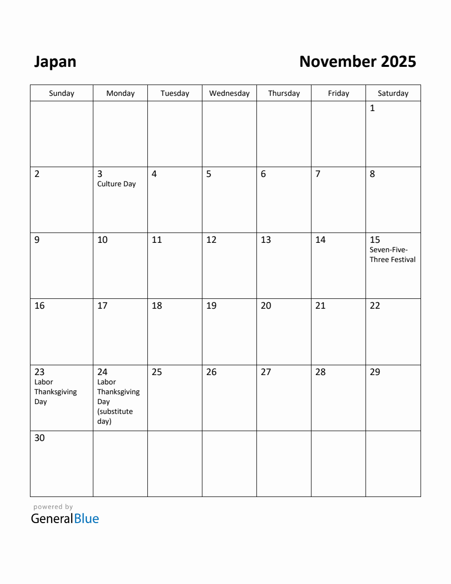 Free Printable November 2025 Calendar for Japan