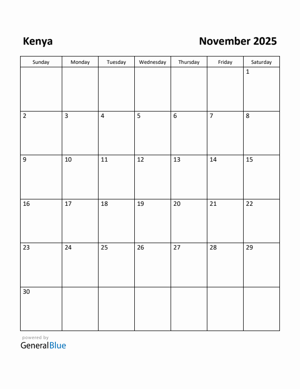 November 2025 Calendar with Kenya Holidays