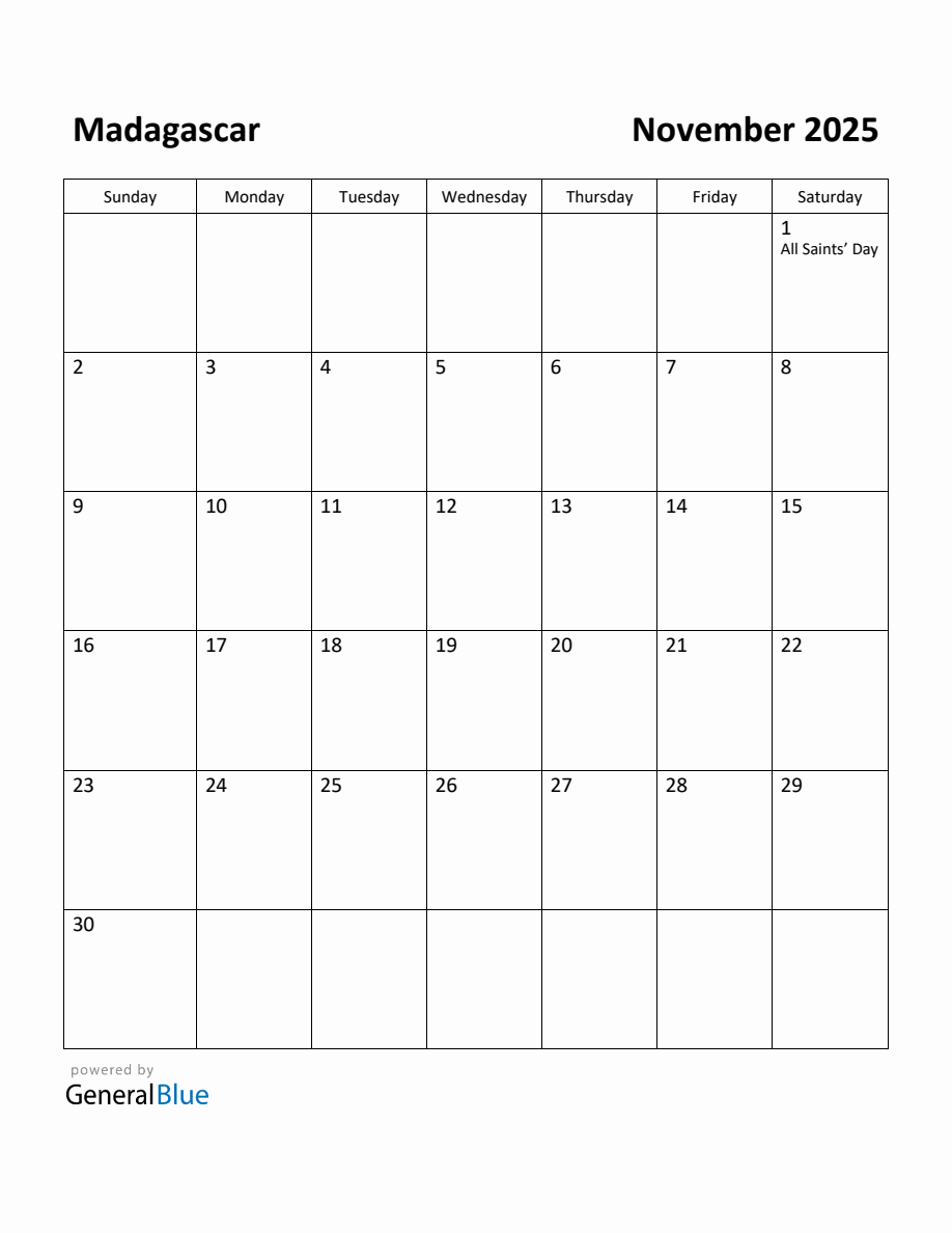 Free Printable November 2025 Calendar for Madagascar