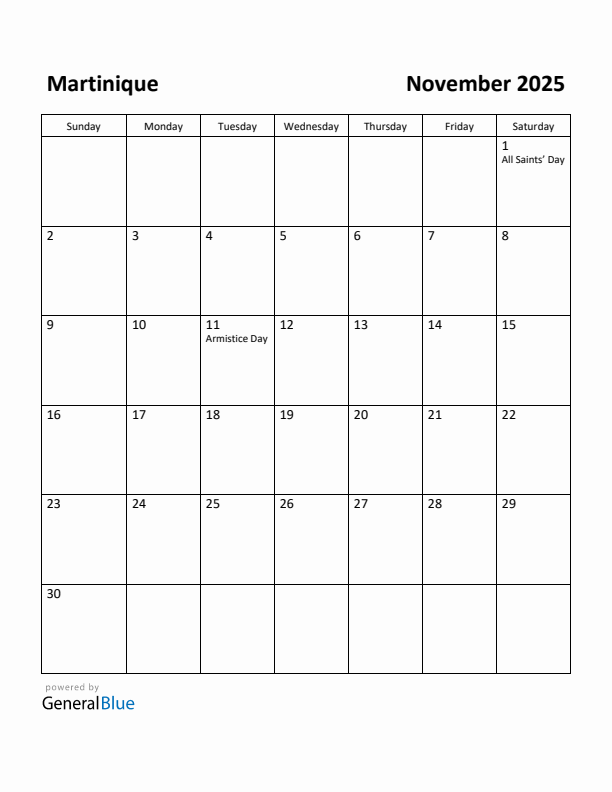 November 2025 Calendar with Martinique Holidays