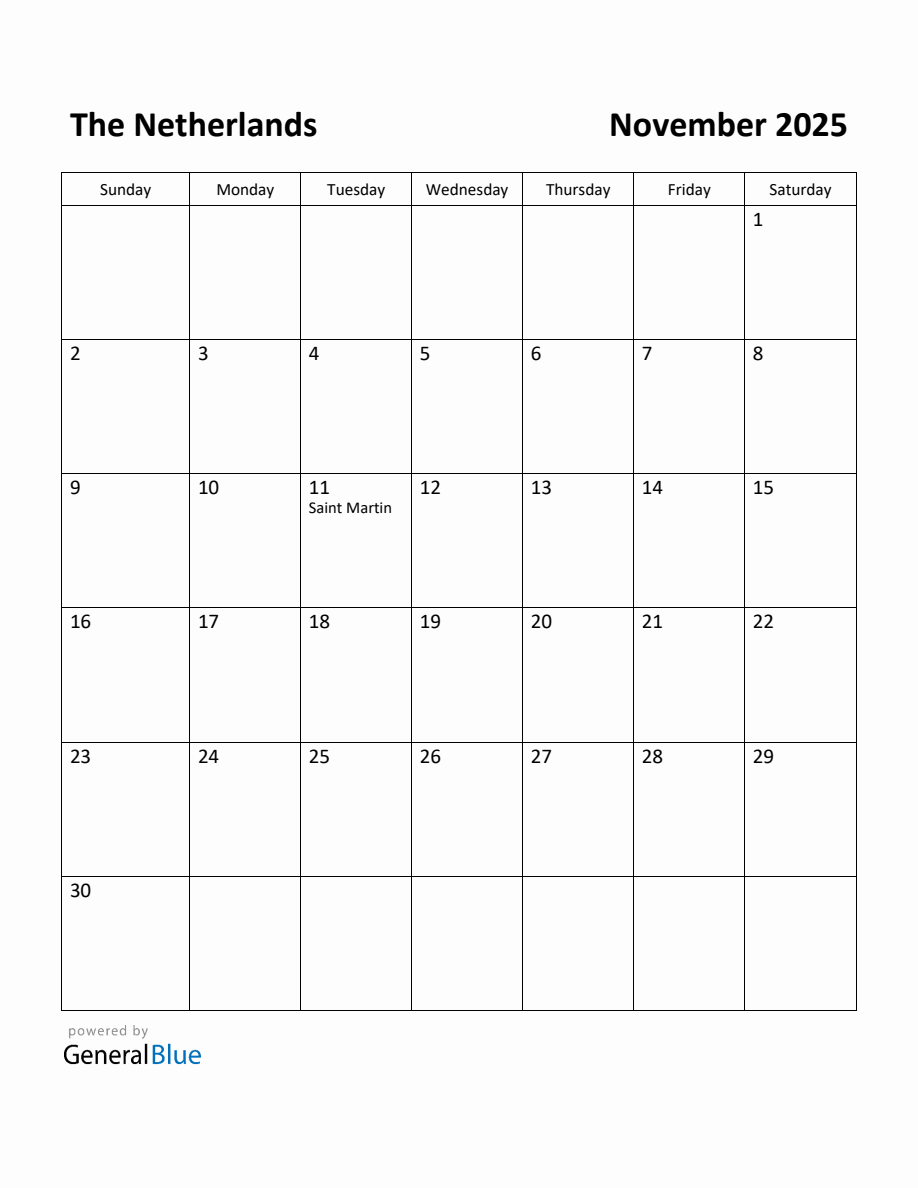 Free Printable November 2025 Calendar for Netherlands