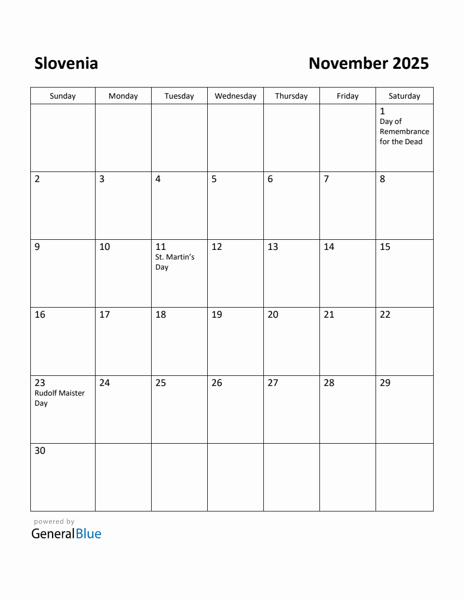 Free Printable November 2025 Calendar for Slovenia